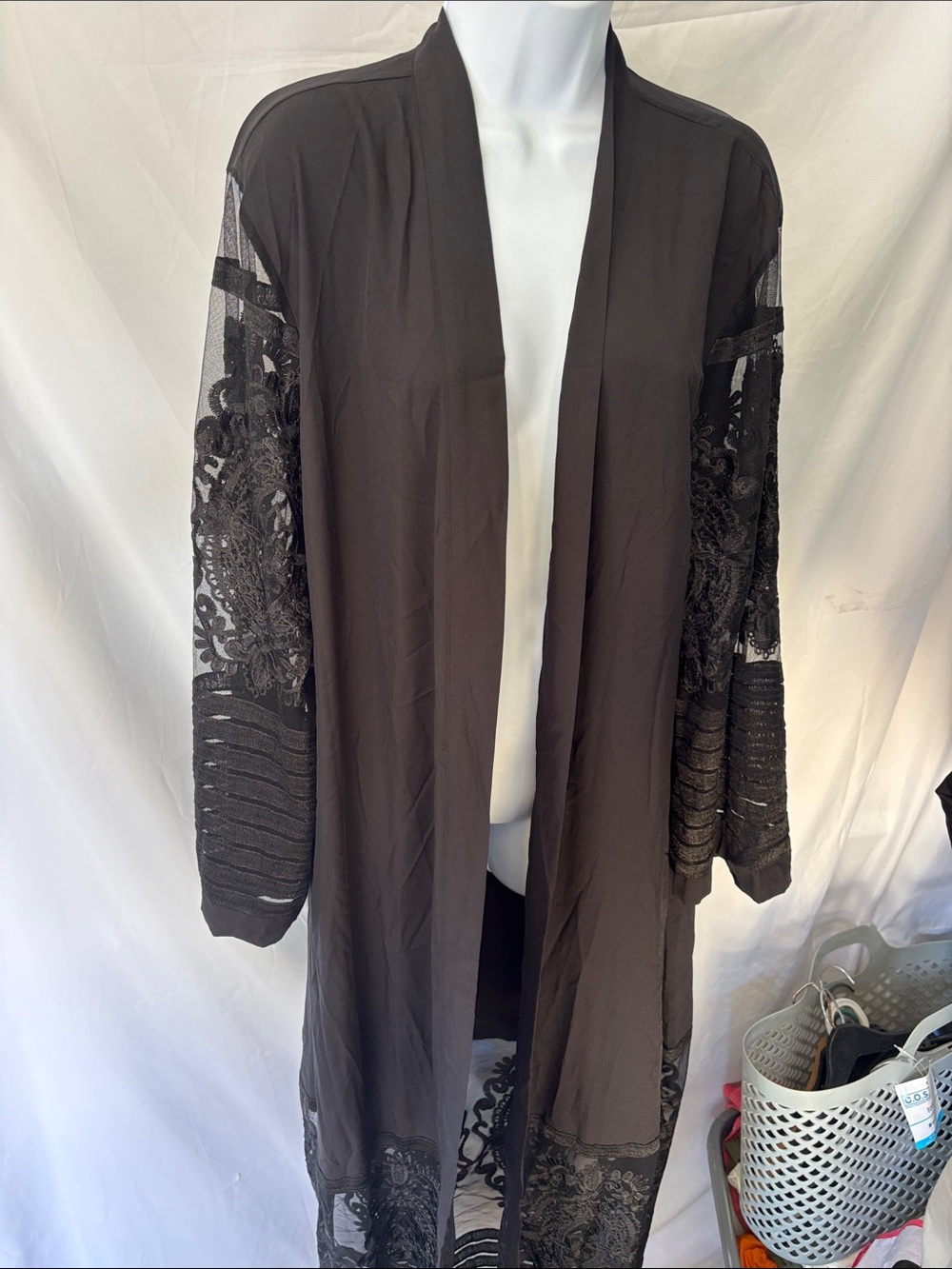 Abetteric Black Open Front Lace Sleeve Duster Cardigan / Abaya